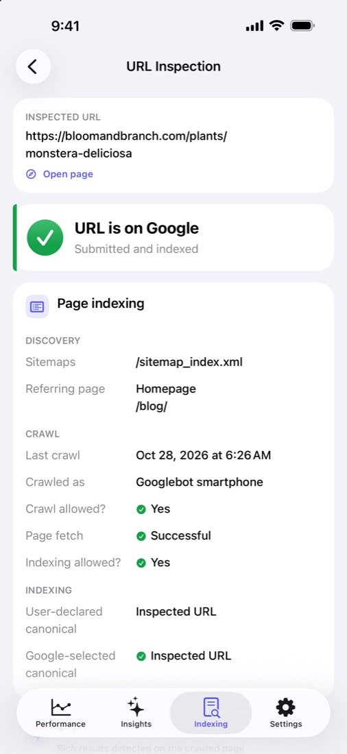 URL Inspection result showing the page is on Google